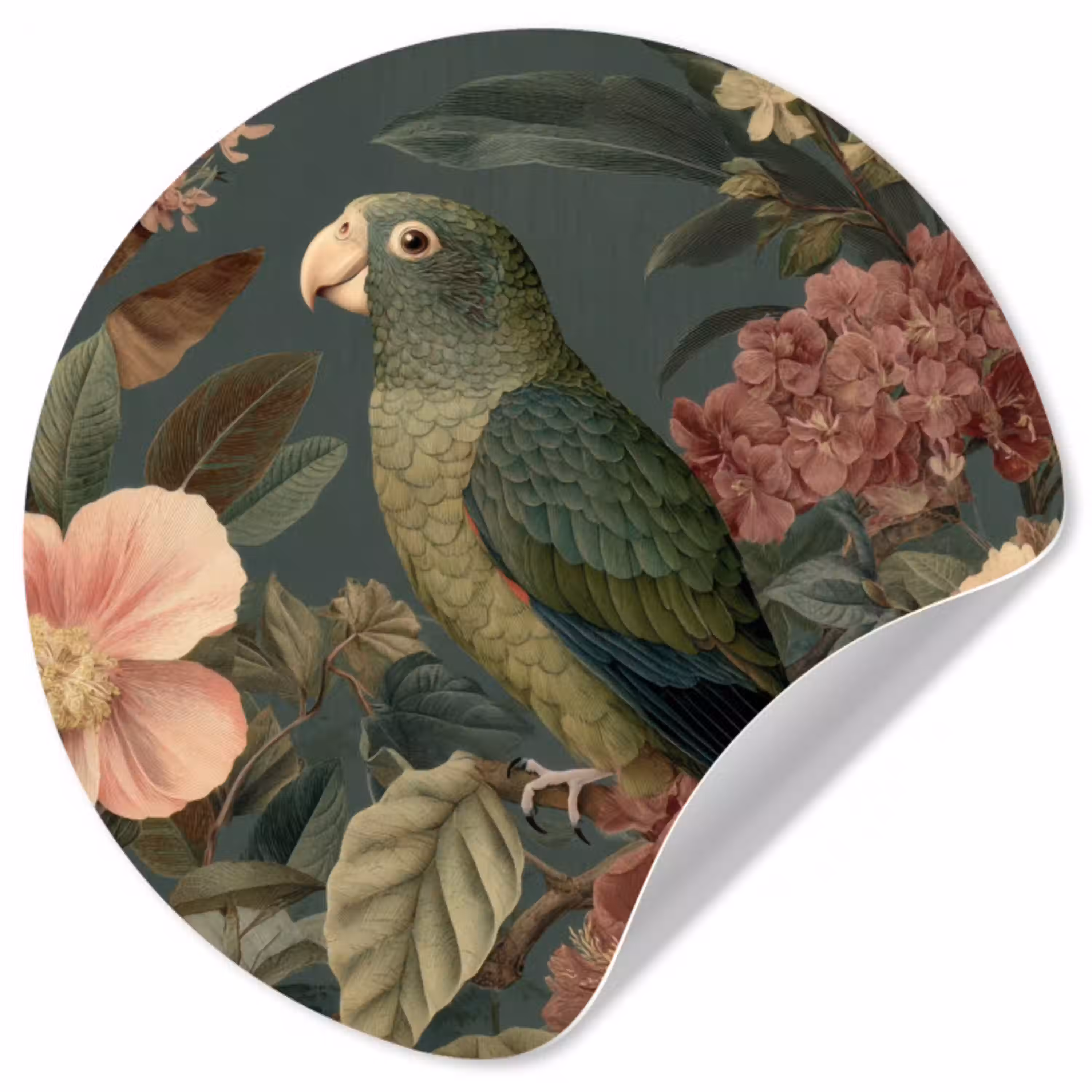 Groene papegaai - Kleurrijke bloemen - Donkere achtergrond Wandcirkel behangsticker klein -3d