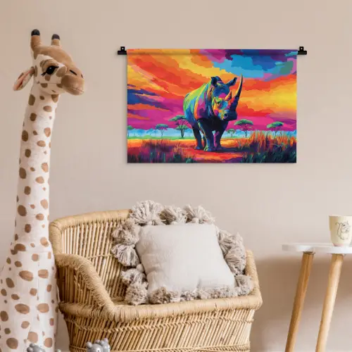 Neushoorn - Zonsondergang - Savanna - Kleurrijk Wandkleed katoen klein -wsfeer5_kind