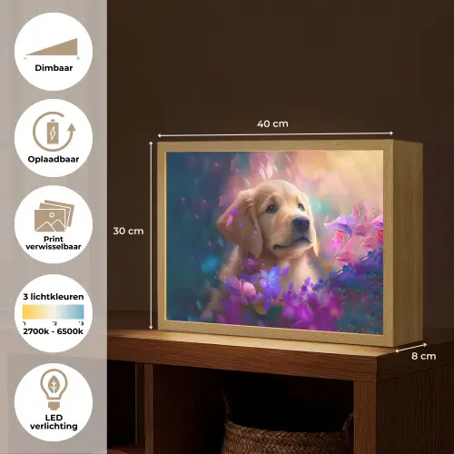 Hond - Puppy - Zon - Bloemen - Golden retriever Light Box met batterij (Wandlamp kind) middel -USP_websiteoverzichtNL