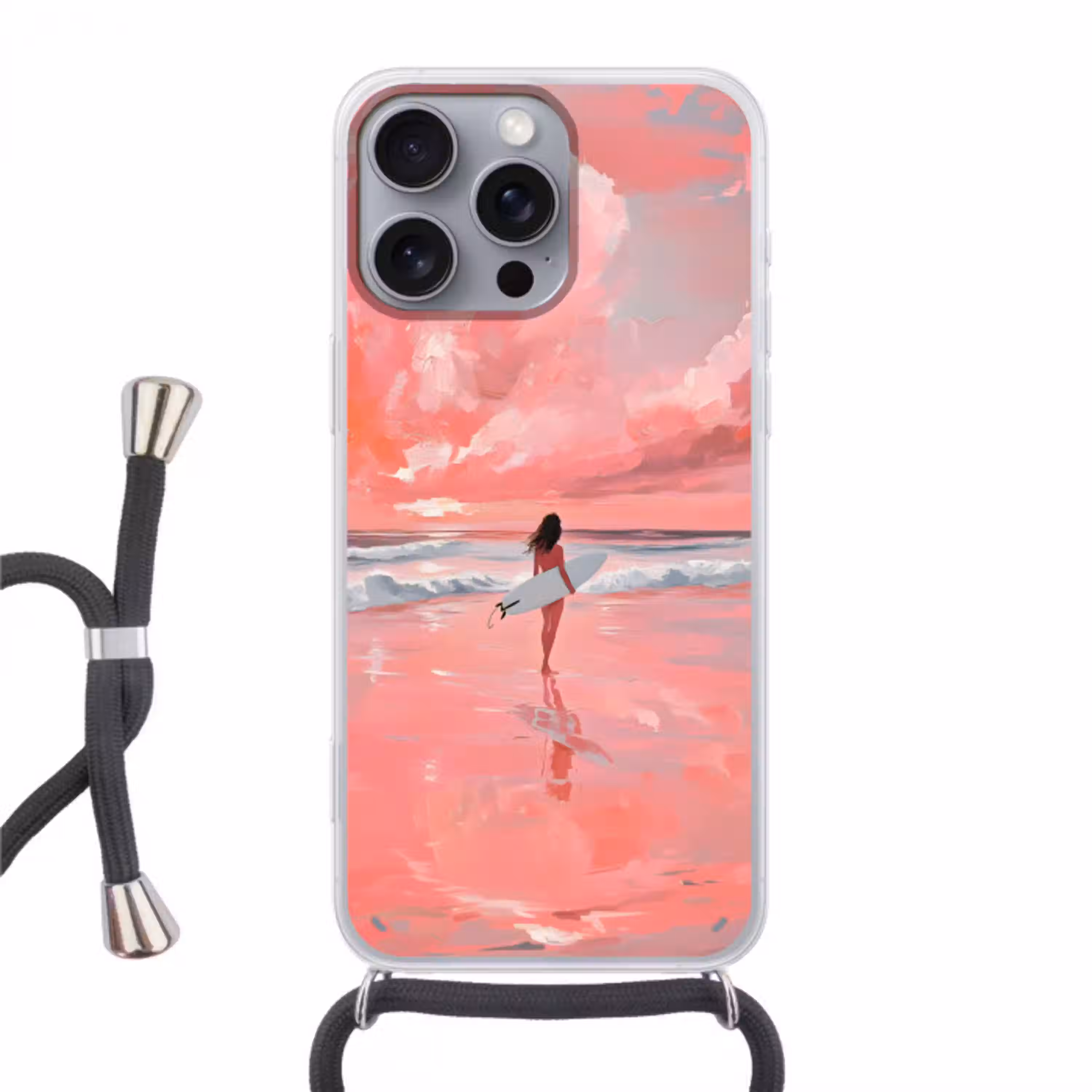 Roze - Surfen - Zee Hoesje iPhone 16 Pro Max met koord klein -3d