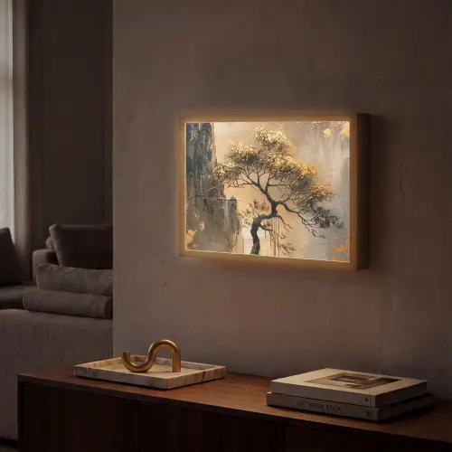Boom - Goud - Landschap - Verf Light Box met batterij (Wandlamp) middel -sfeer1