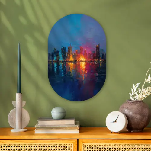 Skyline - Penseelstreken - Donkerblauw - Lichtgevend Wandcirkel Ovaal Forex klein -sfeer2