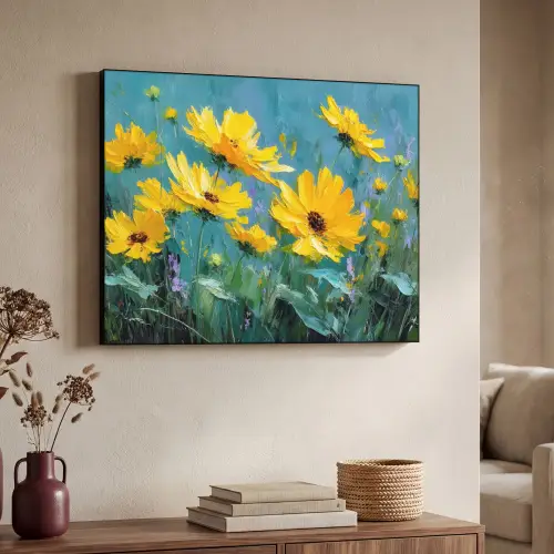 Penseelstreken - Bloemen - Felgeel - Abstract Textielframe zwart klein -sfeer3