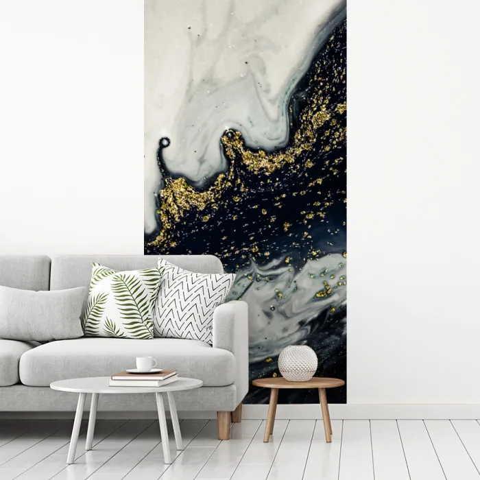 Abstracte vormen uit de natuur met witte en gouden en donkere kleuren fotobehang vinyl groot -woonkamer