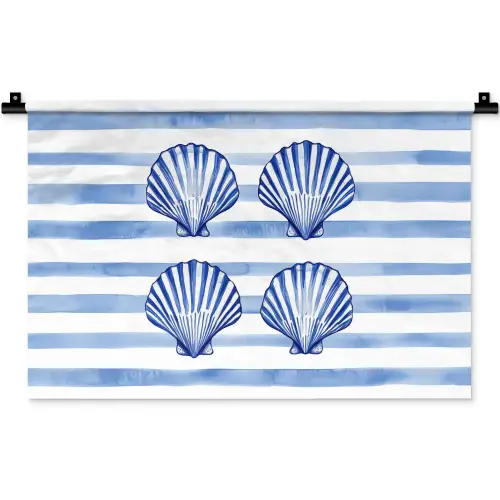Vier schelpen - Blauw - Wit - Strepen Wandkleed katoen klein -zz3d