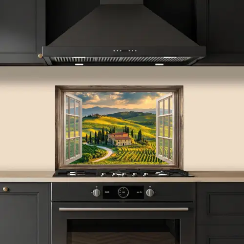 Doorkijk - Toscane - Uitzicht - Landschap - Zomer keuken achterwand spatscherm klein -sfeer1