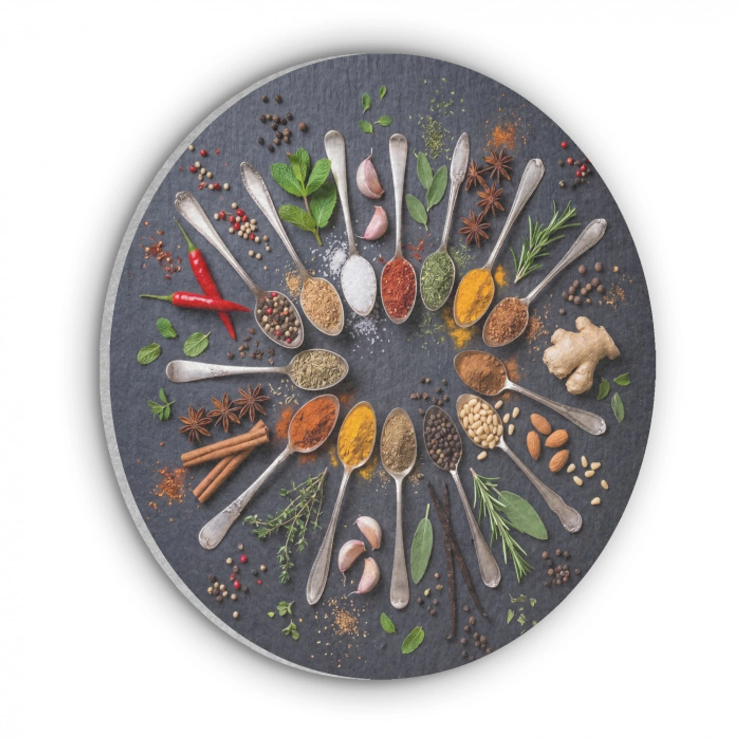 Kruiden - Lepels - Culinair - Kleurrijk - Sfeervol Akoestische PET Vilt - Rond klein -3d