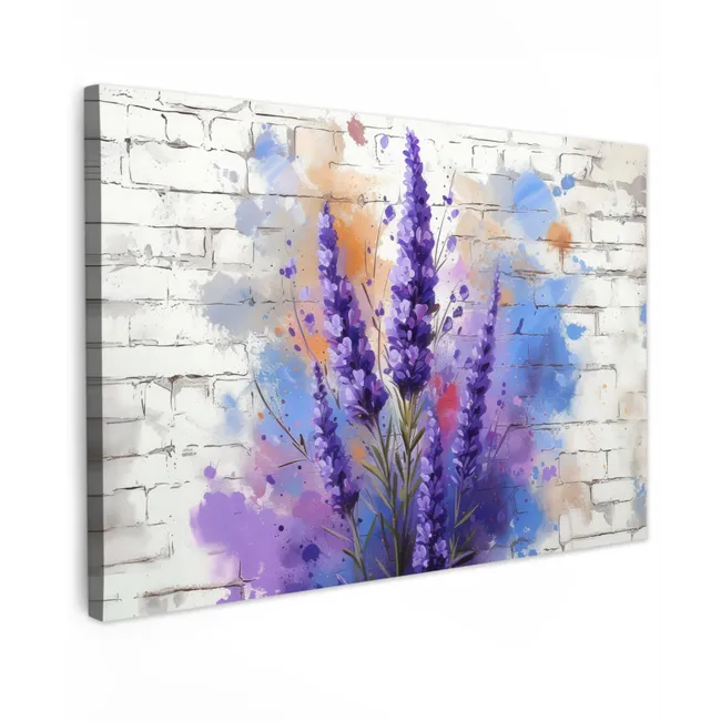 Buiten canvas - Lavendel op Witte Bakstenen Muur