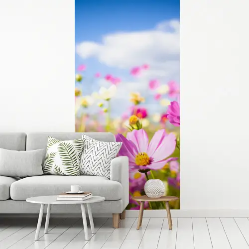 Bloemen - Wei - Paars - Gras - Wit - Wolken - Blauw fotobehang vinyl groot -woonkamer
