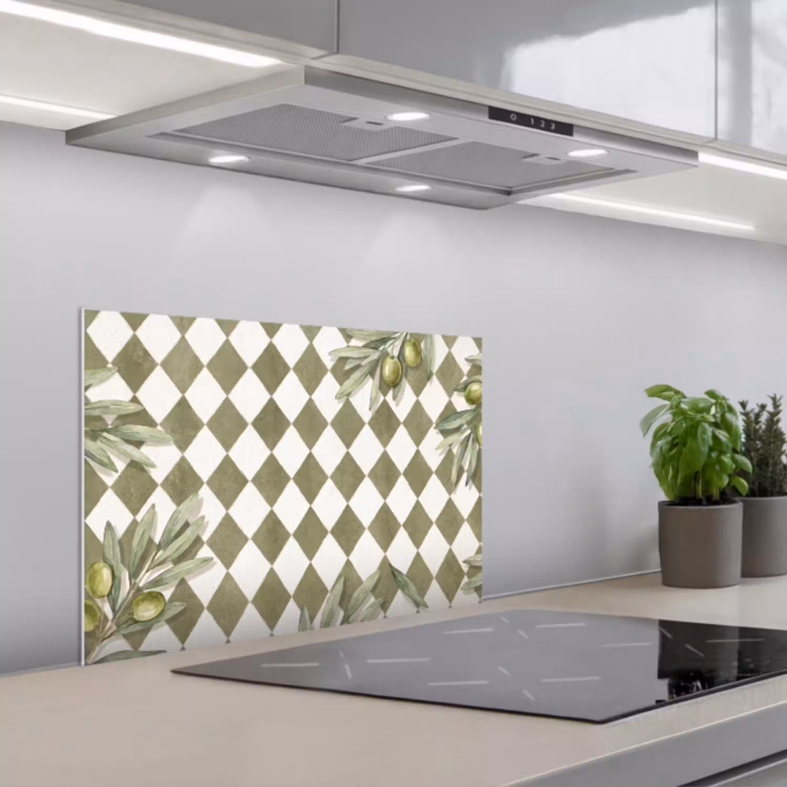 Plant - Olijftakken - Waterverf - Mediterraan - Groen keuken achterwand spatscherm klein -3d_schuin