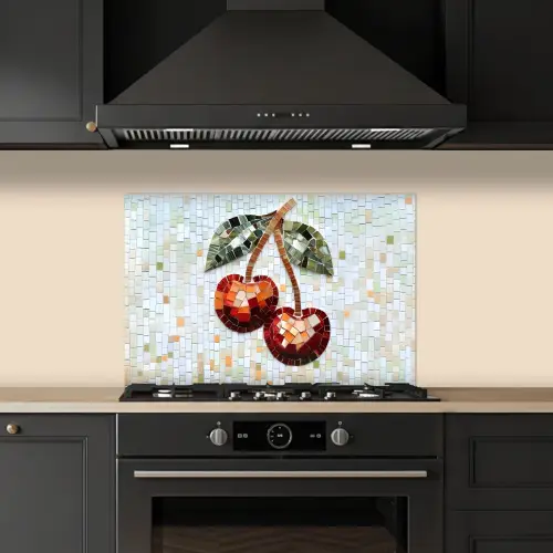 Kersen - Rood - Mozaïek - Blaadjes keuken achterwand spatscherm klein -sfeer1
