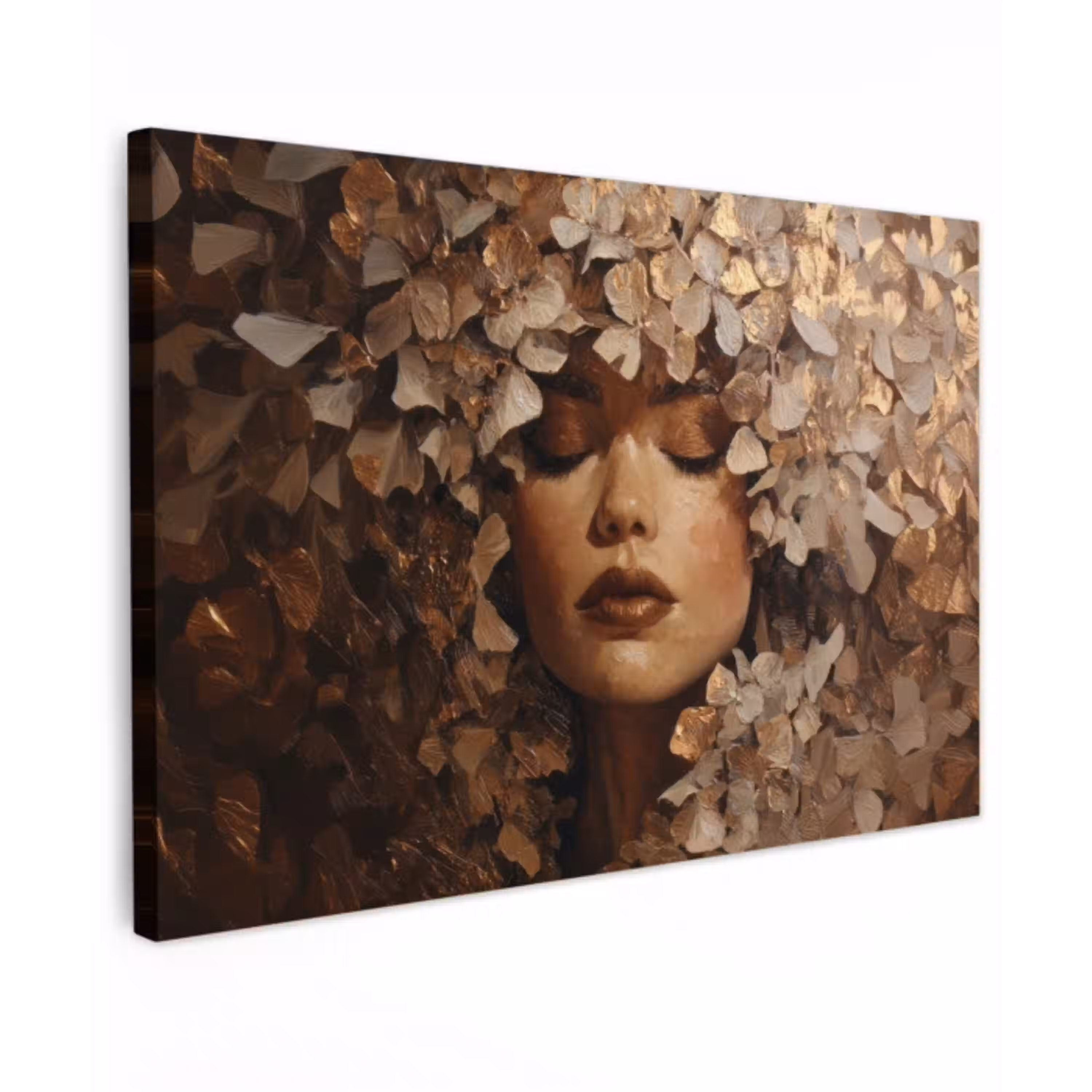Gezicht - Vrouwe - Bladeren - Penseelstreken canvas 2cm klein -z3d