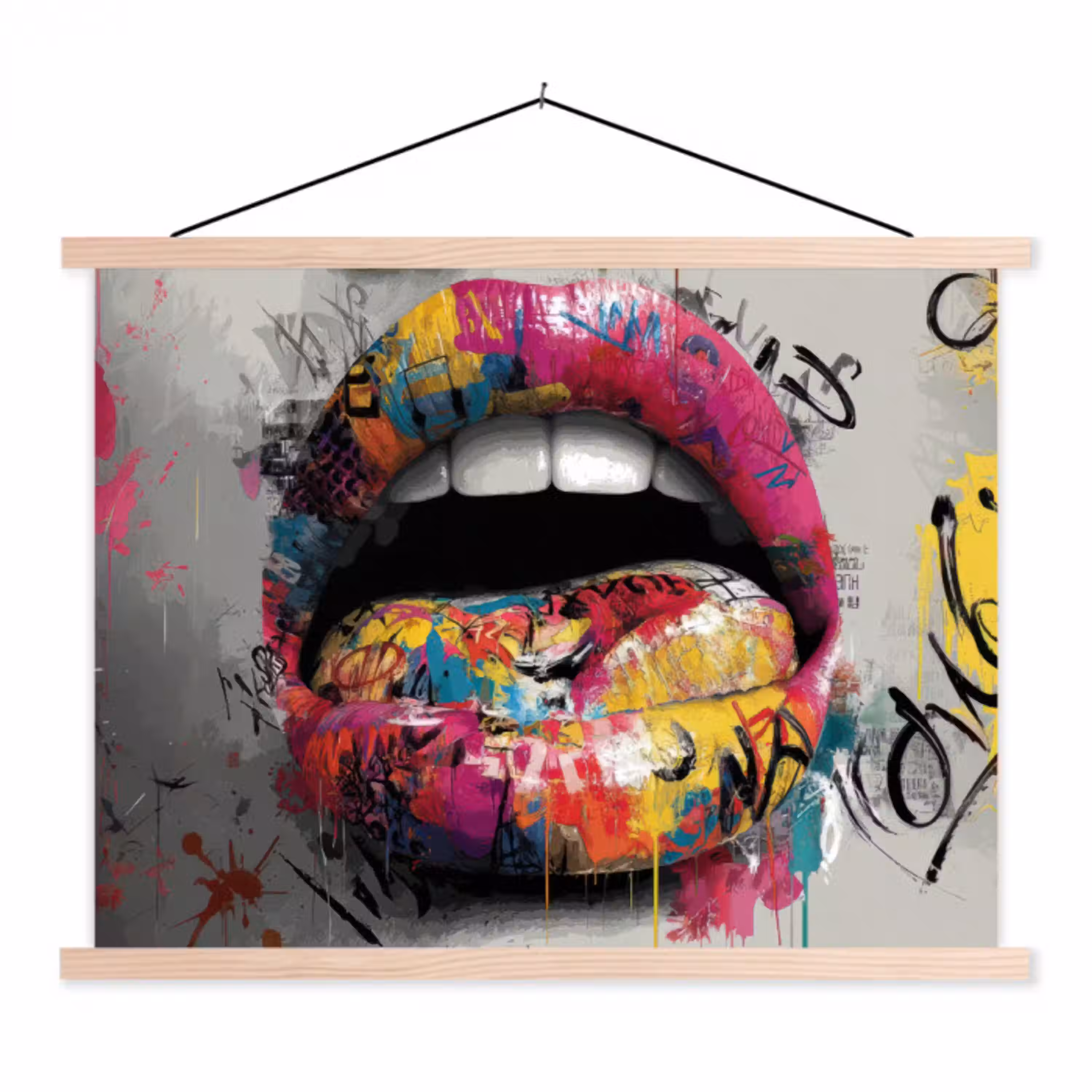 Lippen - Graffiti - Expressief textielposter latten blank klein -3d