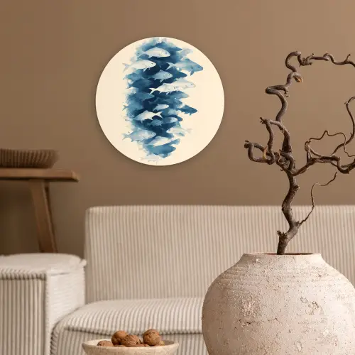 Vissen - Minimalistisch - Blauw Wandcirkel kunststof plaat 5mm dik klein -sfeer1