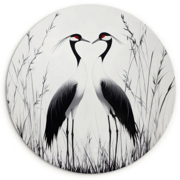 Kraanvogels - Gras - Hartvorm - Zwart Wandcirkel plexiglas klein -3d