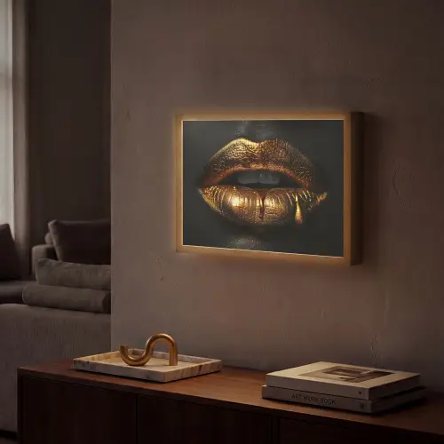 Lippen - Goud - Abstract - Zwart - Aesthetic Light Box met batterij (Wandlamp) middel -sfeer1