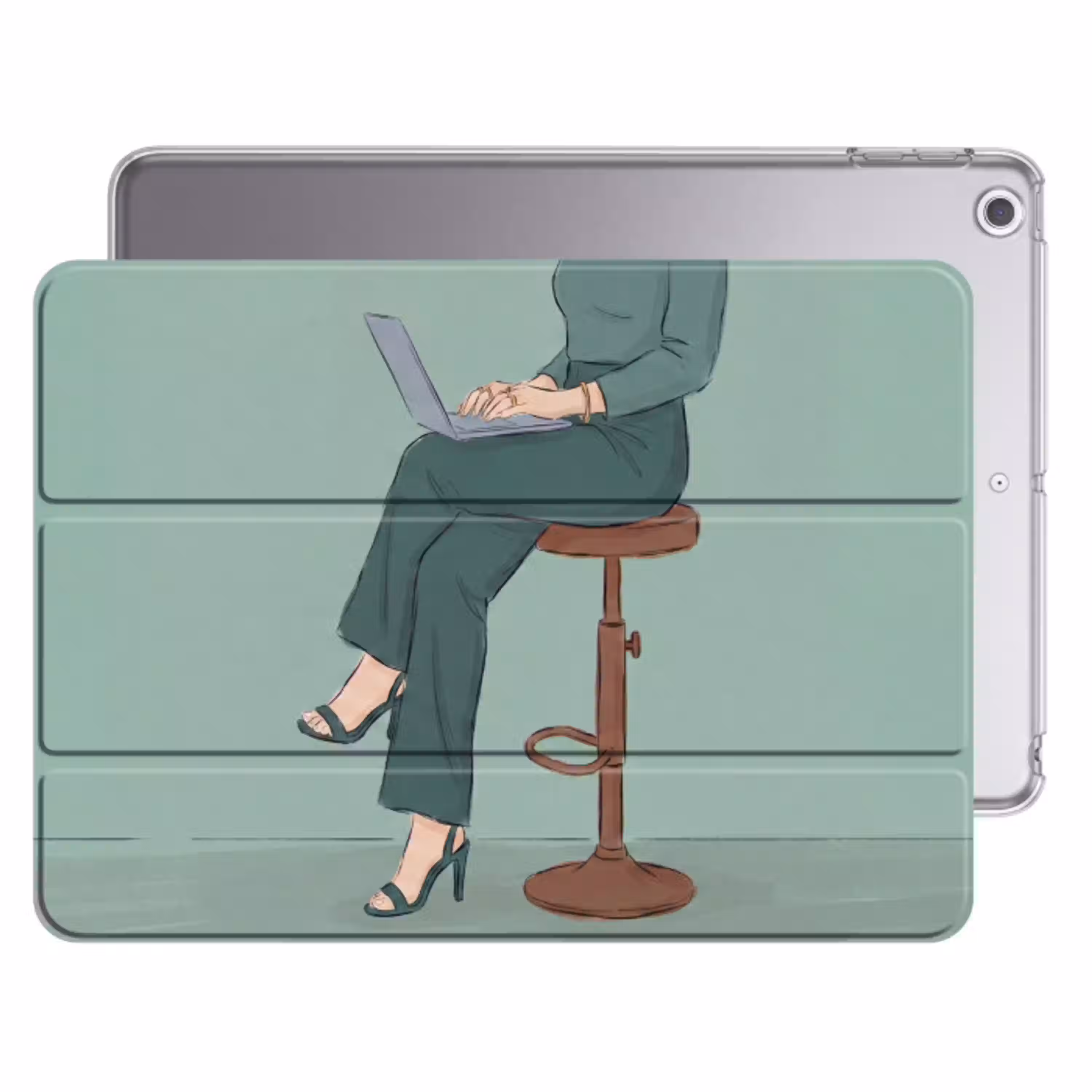 Vrouw - Laptop - Zittend - Illustratie - Groen Apple iPad 2017 middel -threedimensional_3d_global