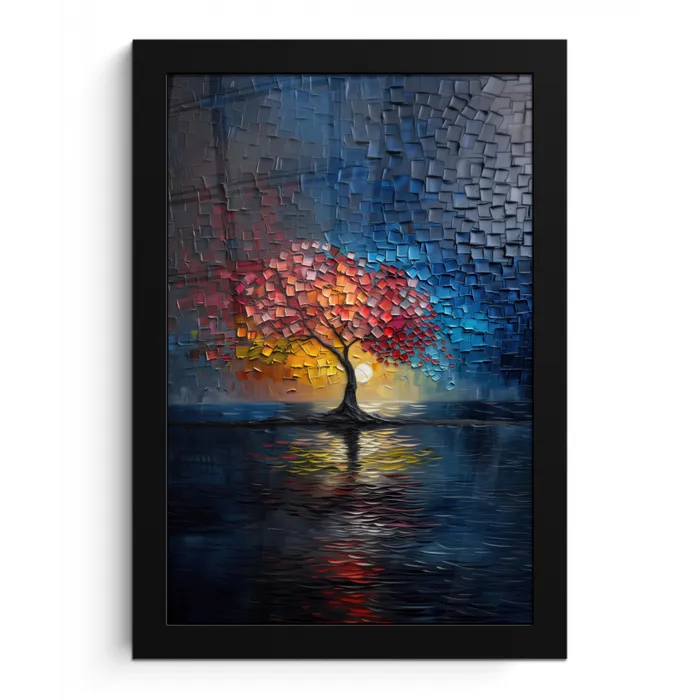 Boom - Blauw - Bladeren - Vakken fotolijst zwart zonder passe partout klein -3d