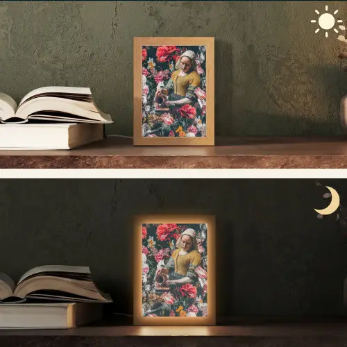 Melkmeisje - Johannes Vermeer - Bloemen - Roze Light Box met kabel (Tafellamp) klein -sfeer3