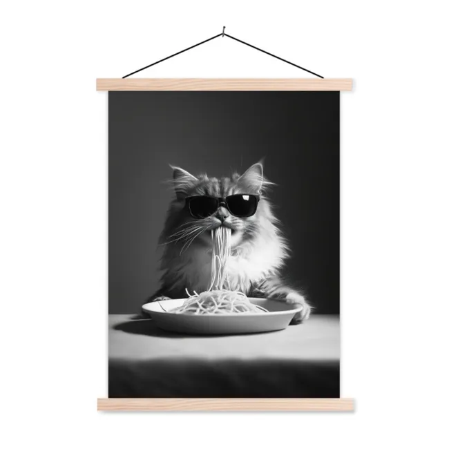Schoolplaat - Langharige kat - Zonnebril - Spaghetti - Humor - Zwart - wit