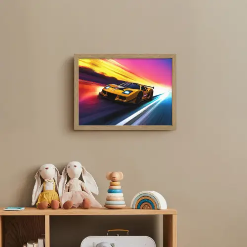 Gele raceauto - Kleurrijk - Neon Light Box met batterij (Wandlamp kind) middel -sfeer2_kind