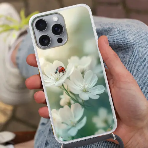 Lieveheersbeestje - Bloemen - Wit Hoesje iPhone 16 Pro Max met koord klein -sfeer3