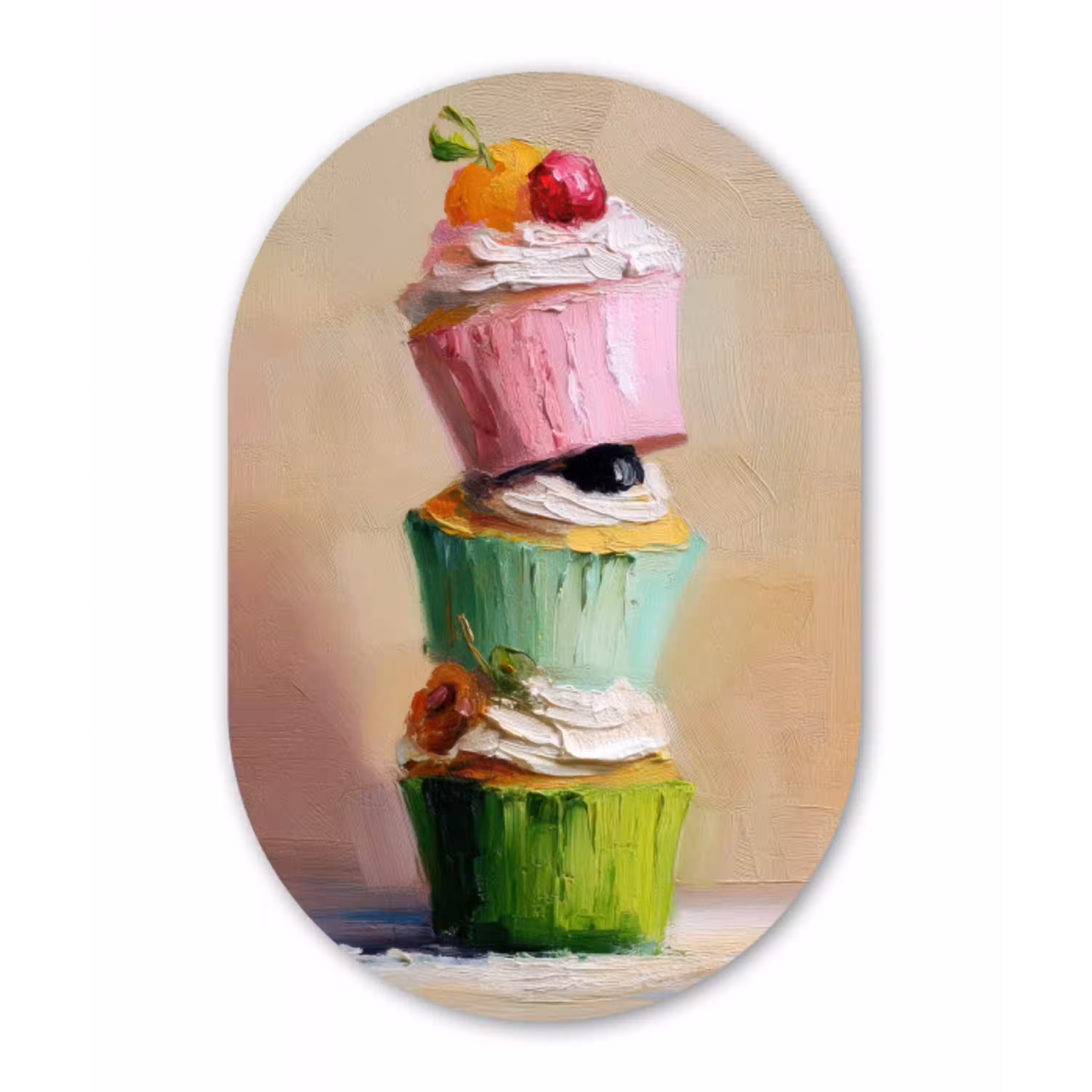 Cupcakes - Gestapeld - Kleurrijk - Fruit Wandcirkel Ovaal Aluminium middel -3d