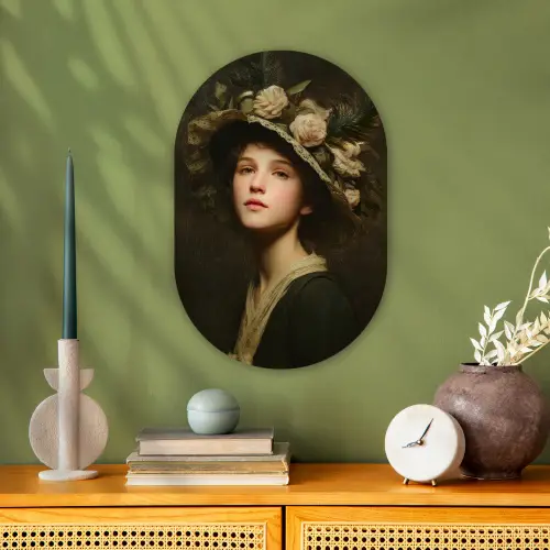 Bloemenhoed - Portret - Vrouw Wandcirkel Ovaal Forex klein -sfeer2