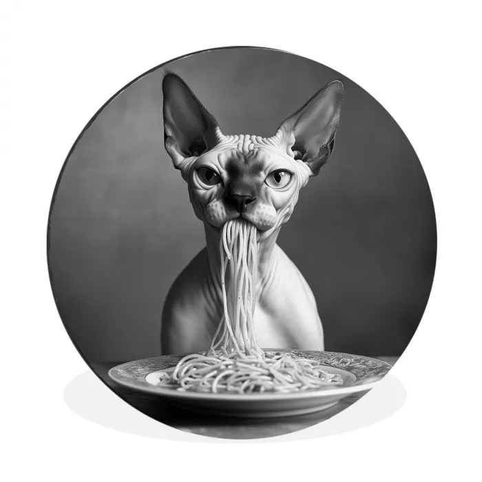 Sphynx - Kat - Dieren - Humor - Spaghetti - Zwart Wit Wandcirkel aluminium klein -3d