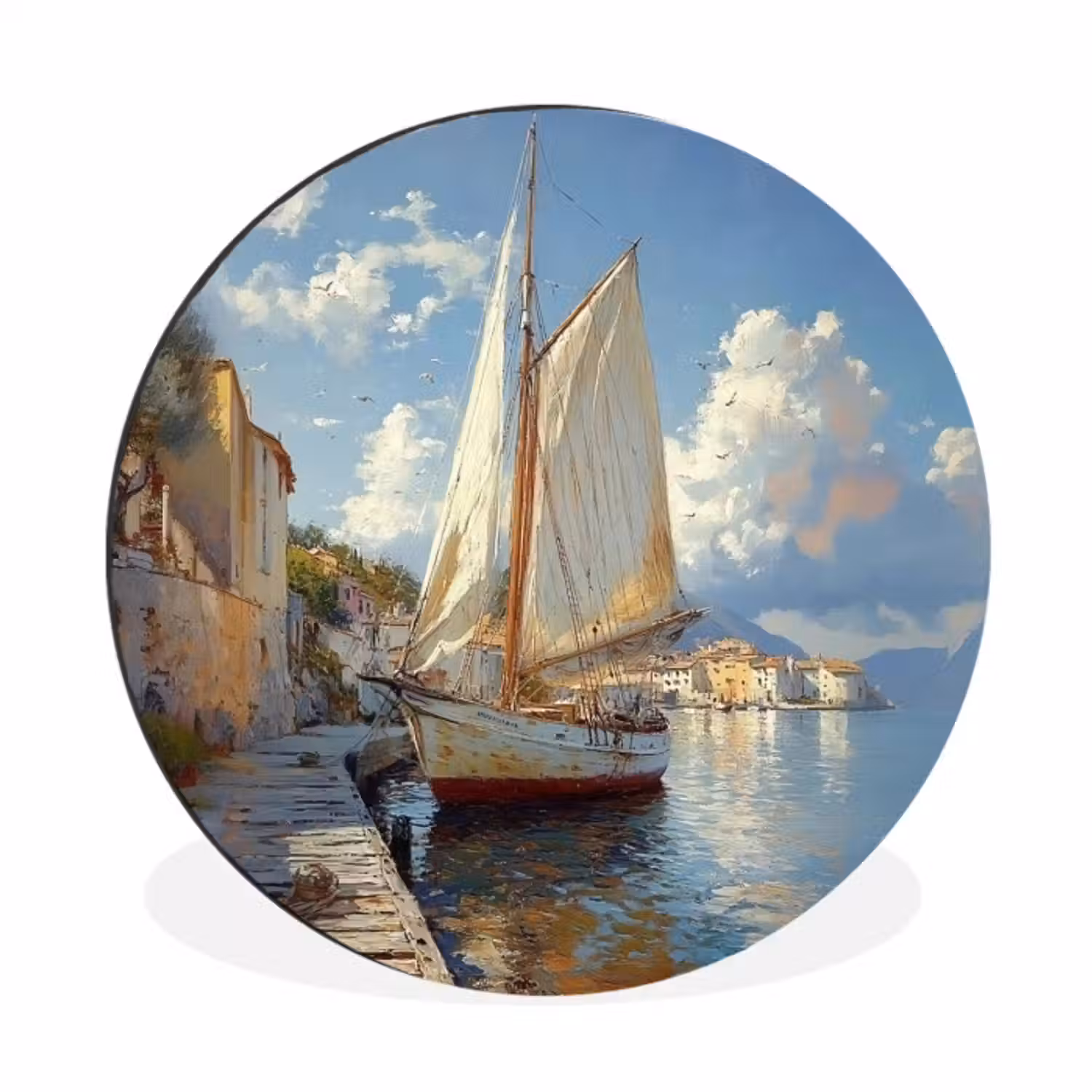 Wandcirkel Aluminium – Zeilschip - Huizen - Kade - Zee