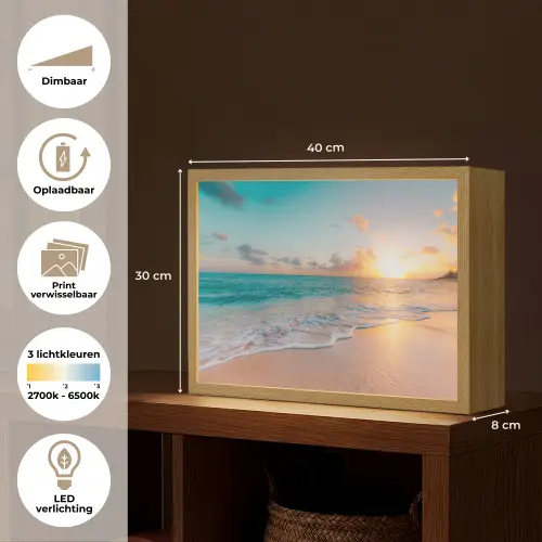 Zonsondergang - Strand - Zee - Zomer - Blauw Light Box met batterij (Wandlamp) middel -USP_websiteoverzichtNL