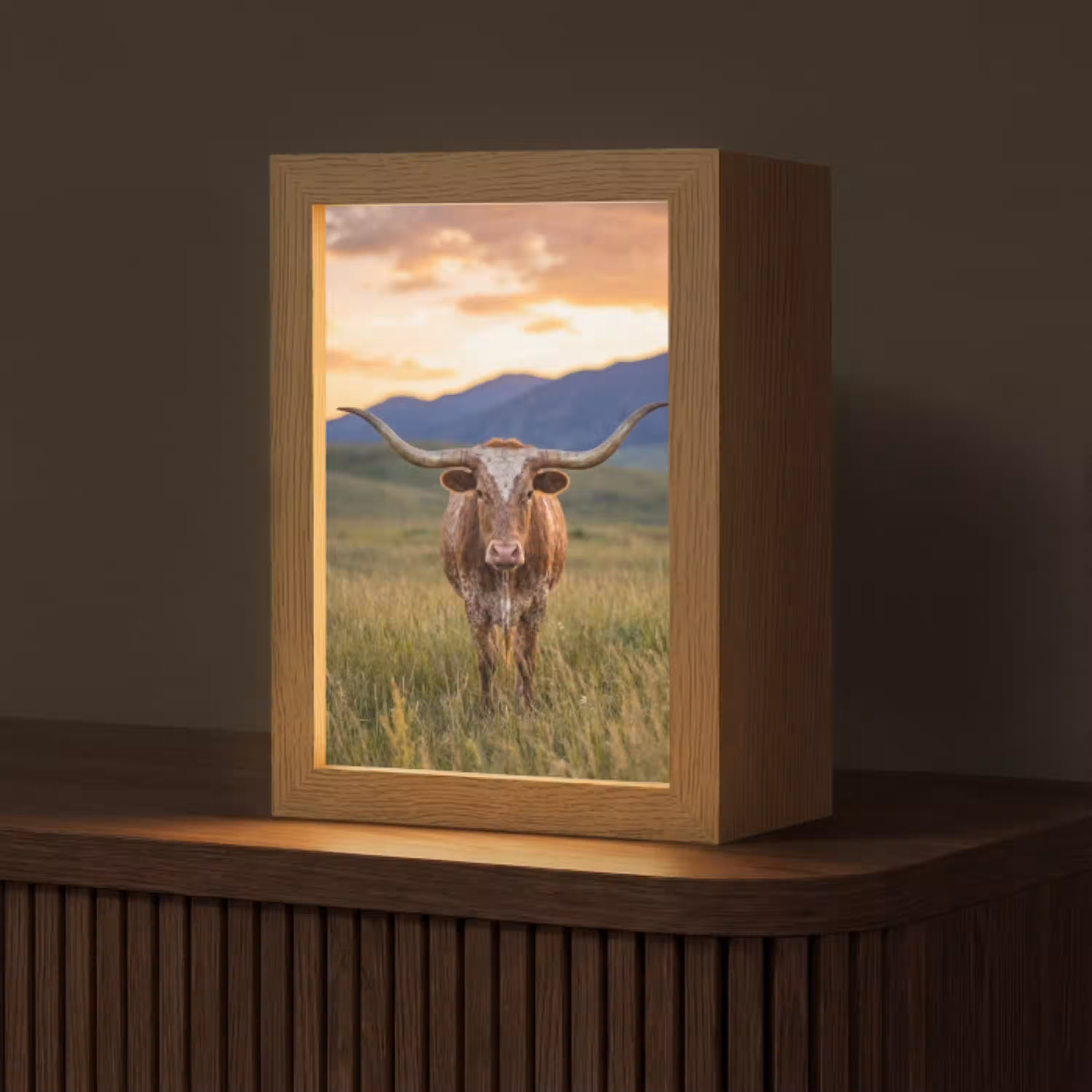 Longhorn - Landschap - Zonsondergang Light Box met kabel (Tafellamp) klein -z3d_website