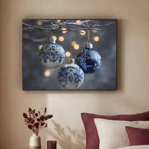 Kerstbal - Versierd - Blauw Textielframe zwart klein -sfeer1