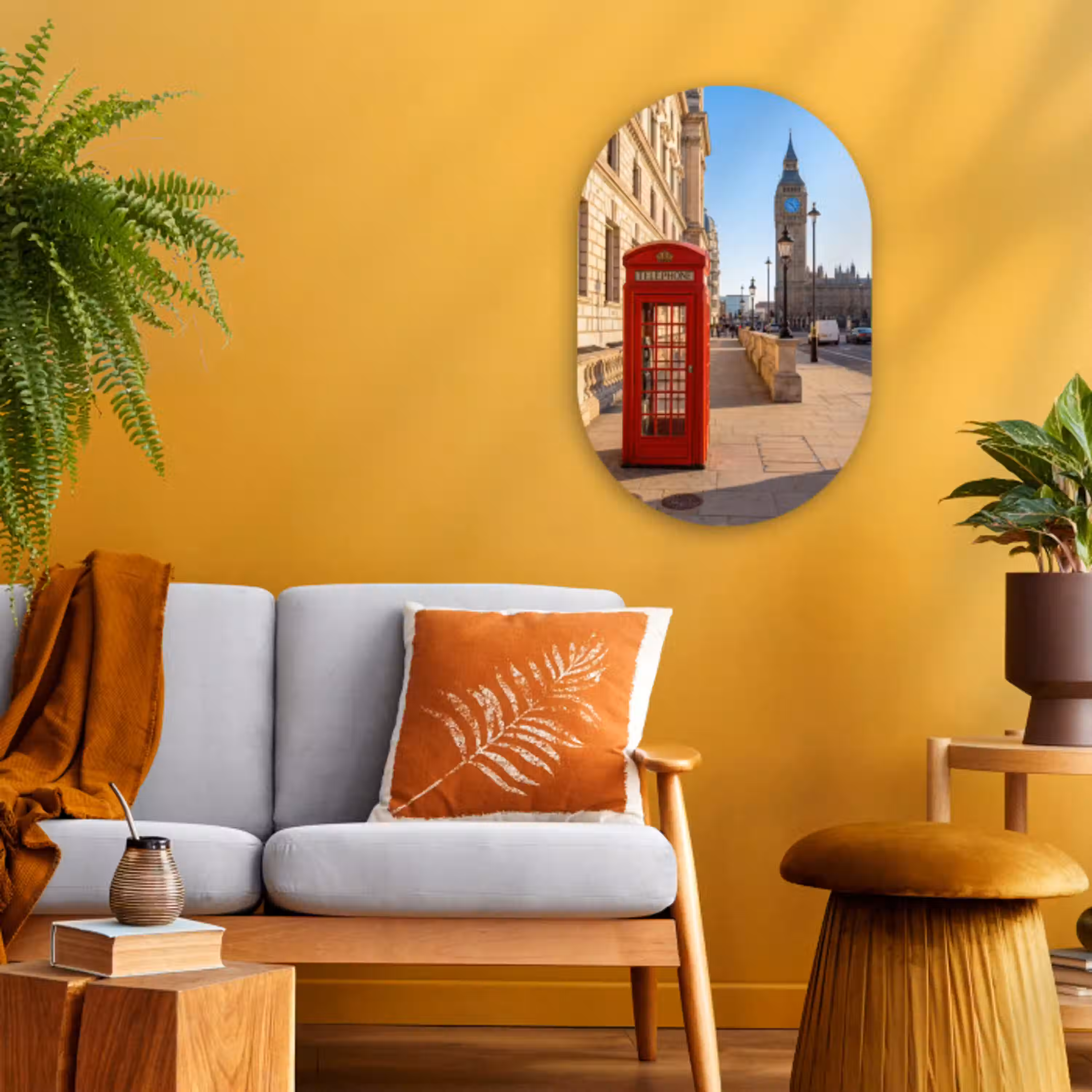 Telefooncel - Rood - Londen - Stad - Architectuur Wandcirkel Ovaal Forex klein -sfeer4