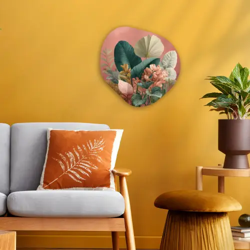 Tropische bladeren - Bloemen - Roze - groen Wandcirkel Organisch Forex 3mm klein -sfeer4