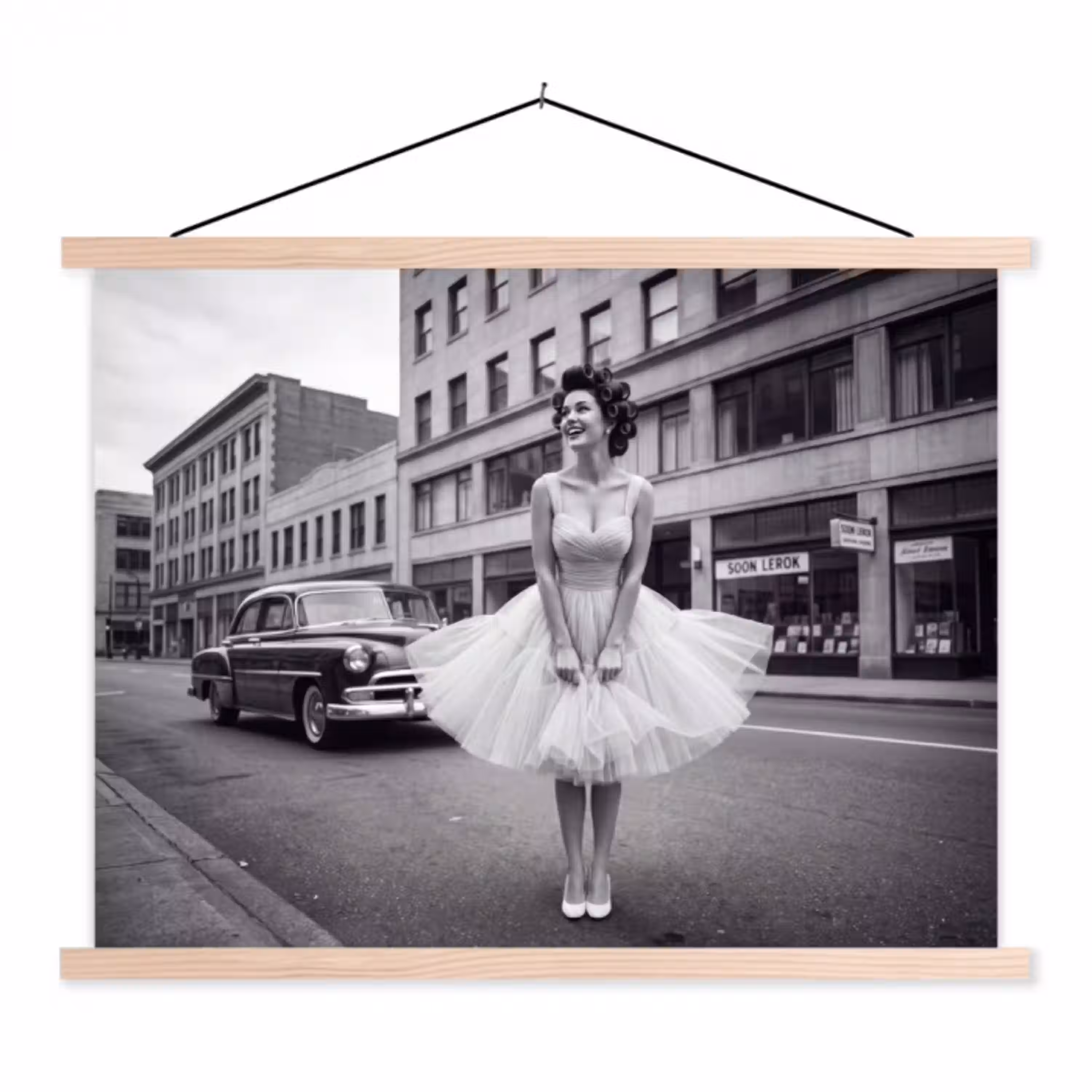 Retro - Vrouw - Zwart - Wit textielposter latten blank klein -3d