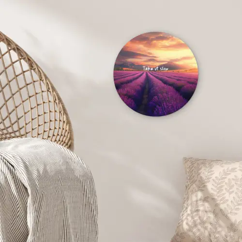 Lavendelveld - Quote - Zonsondergang Wandcirkel plexiglas klein -sfeer5