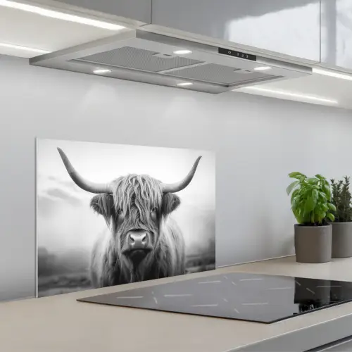 Schotse hooglander - Mist - Zwart - Wit keuken achterwand spatscherm klein -3d_schuin