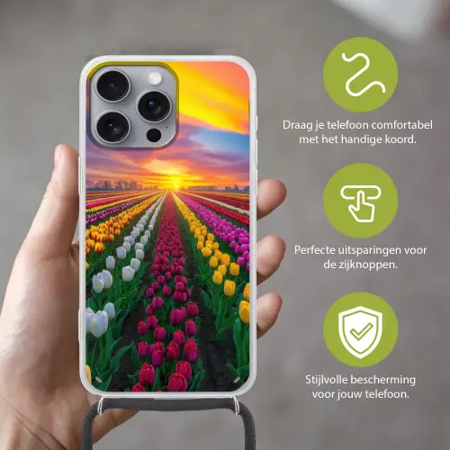 Tulpenveld - Zonsondergang - Kleurrijk Hoesje iPhone 16 Pro Max met koord klein -sfeer2_NL