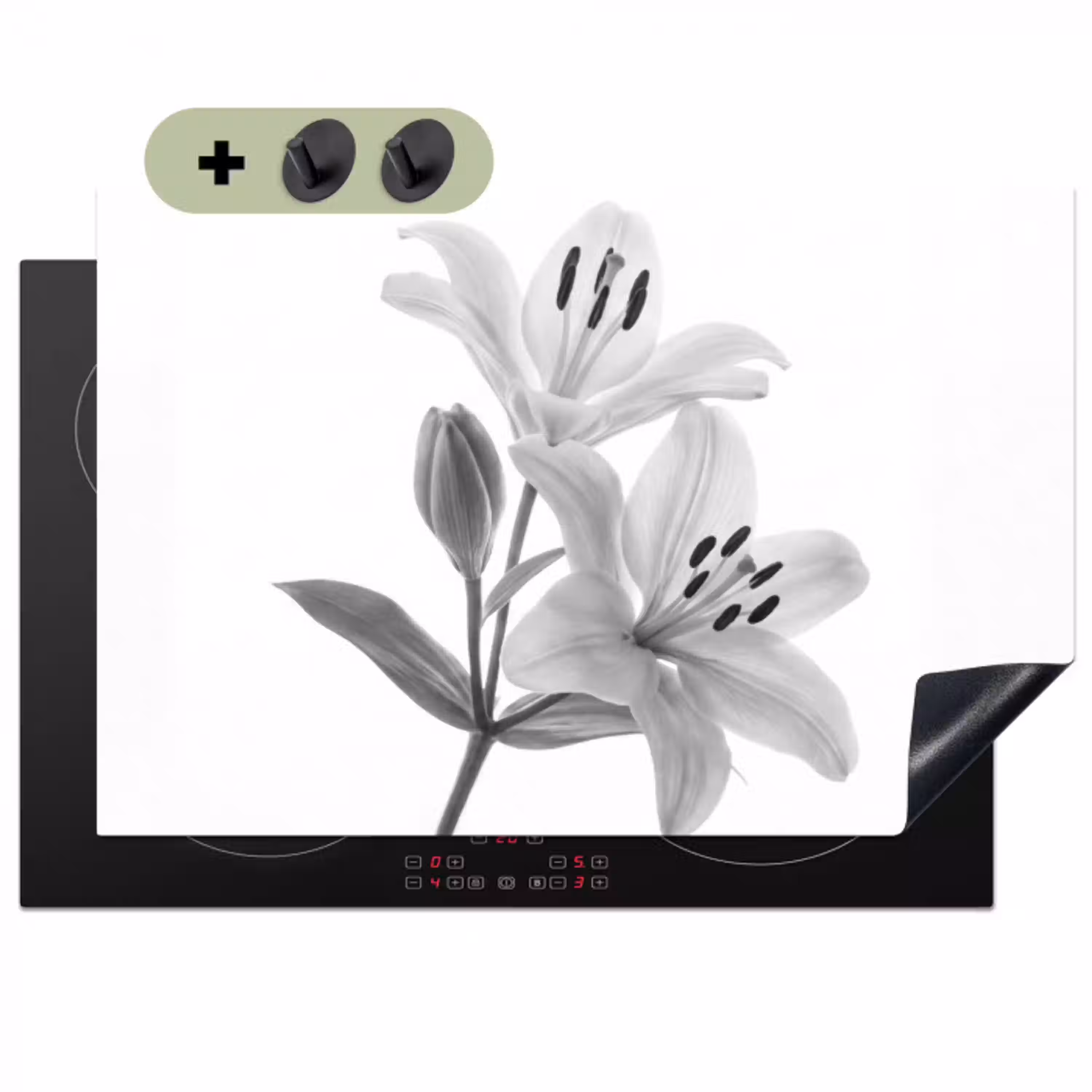 Lelies - Elegant - Zwart - Wit Inductie beschemer met haakjes klein -3d