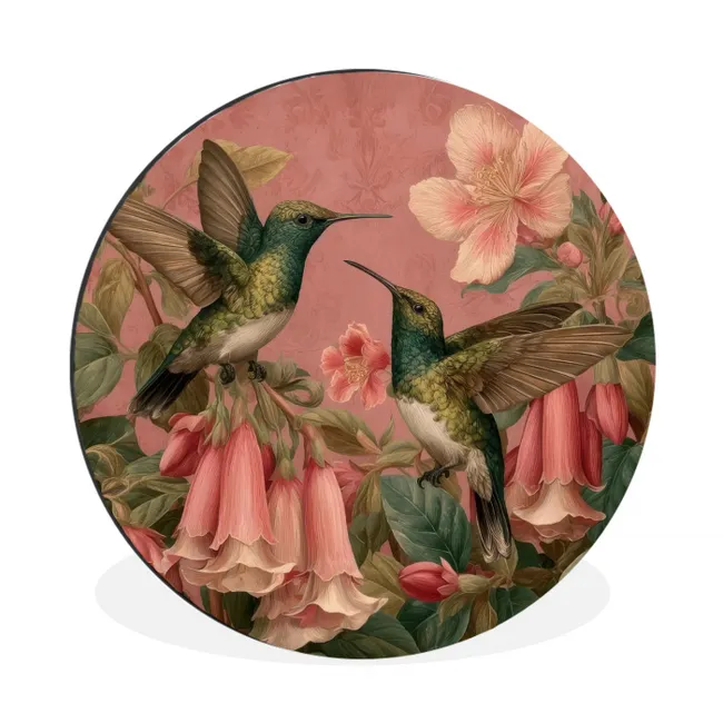 Muurcirkel aluminium Kolibries - Bloemen - Groen - Roze