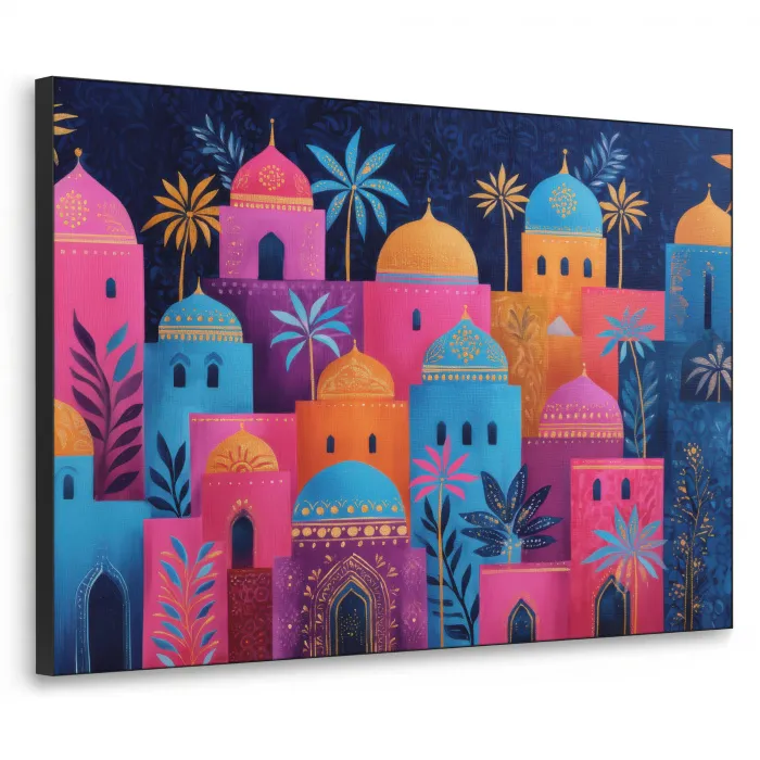 Kleurrijke gebouwen - Avondlicht - Islamitisch Textielframe zwart klein -3d