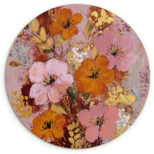 Schilderij - Bloemen - Rustiek - Roze Wandcirkel kunststof plaat 5mm dik klein -3d