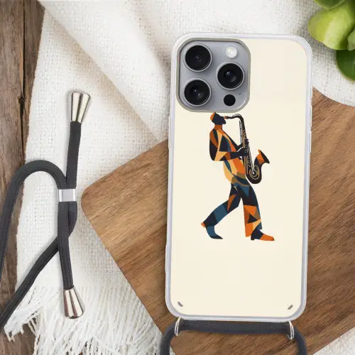 Saxofoon - Abstract - Persoon - Blauw Hoesje iPhone 16 Pro Max met koord klein -sfeer4
