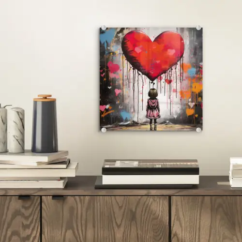 Meisje - Hart - Graffiti - Kunst - Kleuren - Rood plexiglas 5mm klein -sfeer1