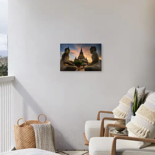 Tempel - Zonsondergang - Boeddha beelden - Buddha Tuinposter op houten frame 2 cm dik klein -sfeer1