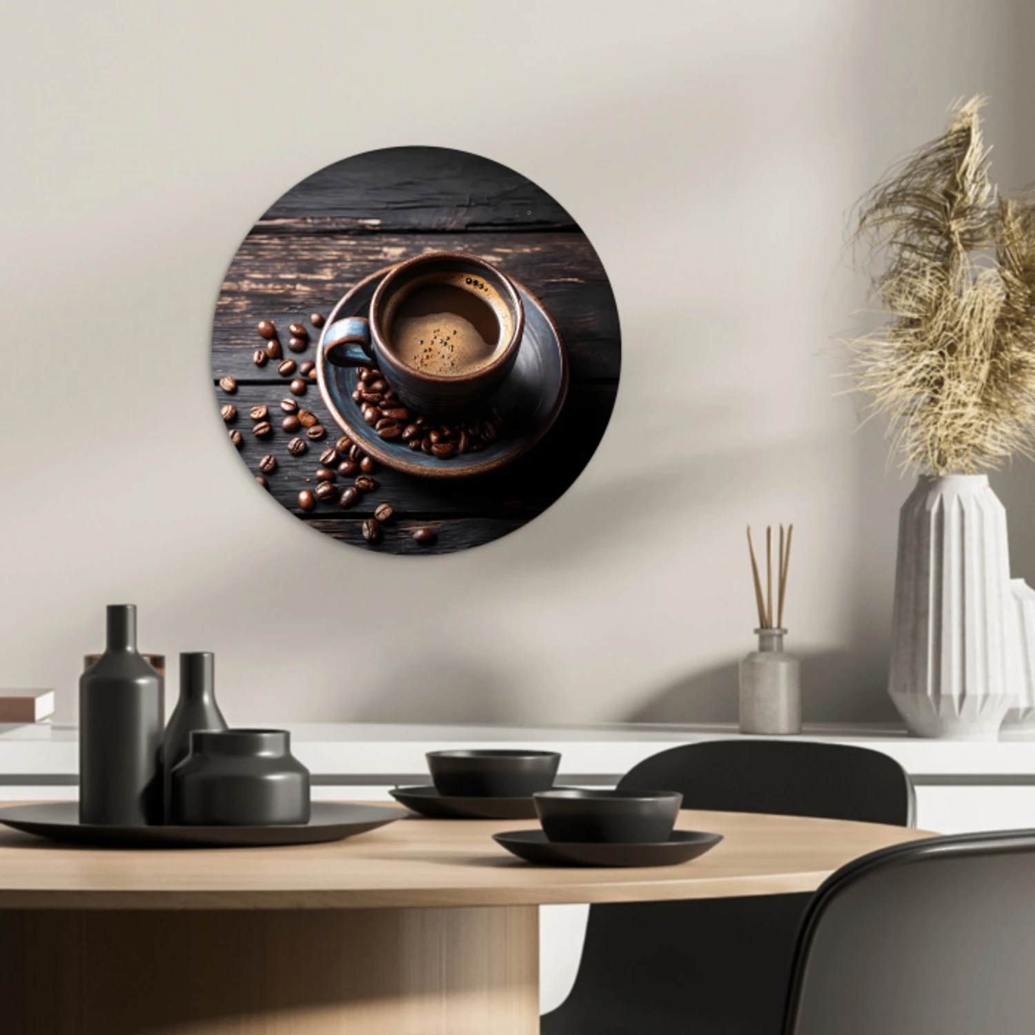 Kop - Koffie - Hout - Bonen KitchenYeah - Keuken - Wandcirkel Forex klein -sfeer2