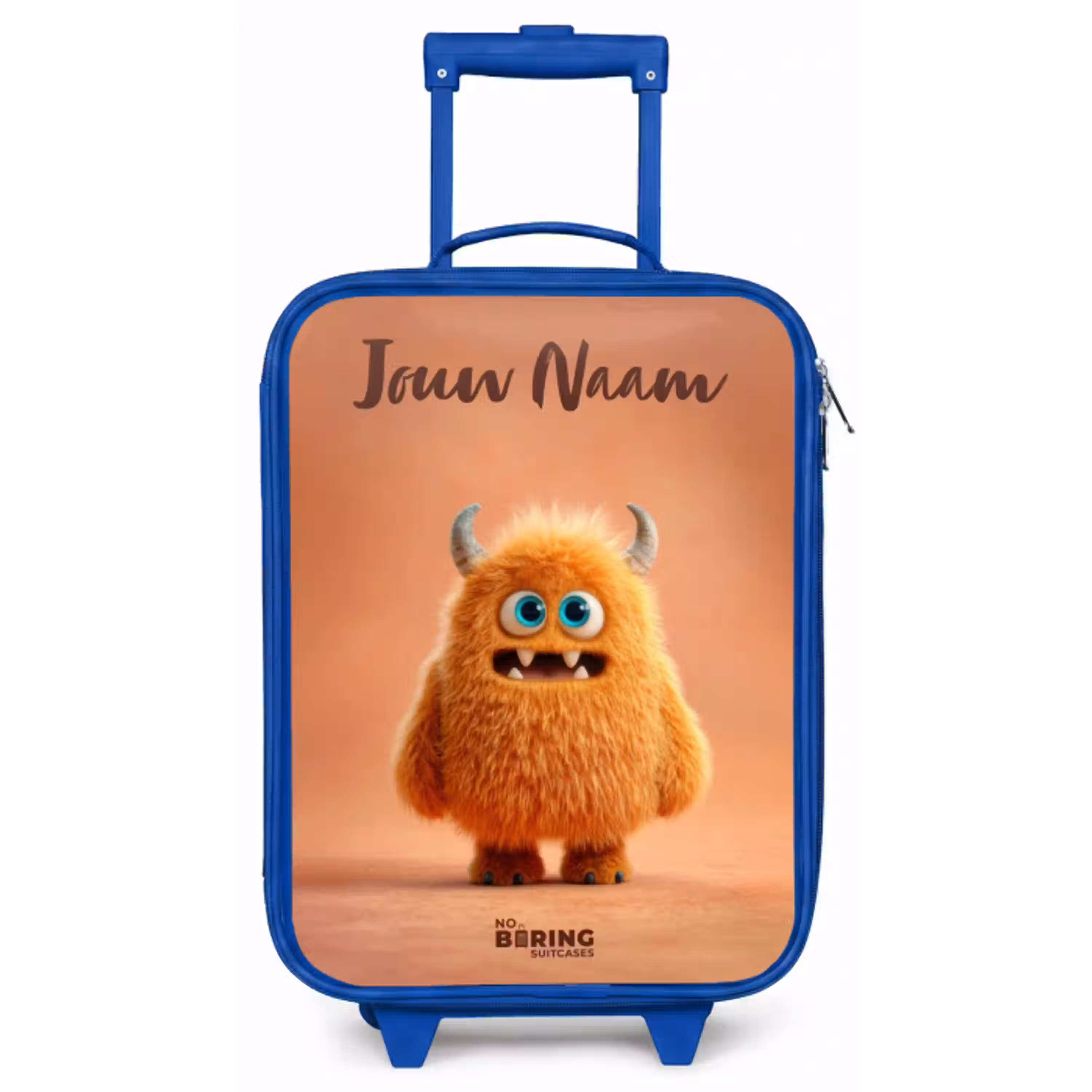 Oranje Pluizig Monster met Hoorns Kinderkoffer - Blauw klein -zz3dotto