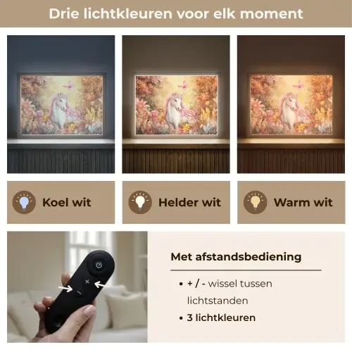Eenhoorn - Bloemen - Vlinder - Roze Light Box met batterij (Wandlamp kind) middel -USP_lichtkleurNL