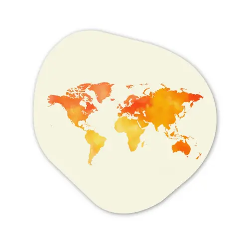 Wereldkaart - Oranje - Kleurrijk Wandcirkel Organisch Forex 3mm klein -3d